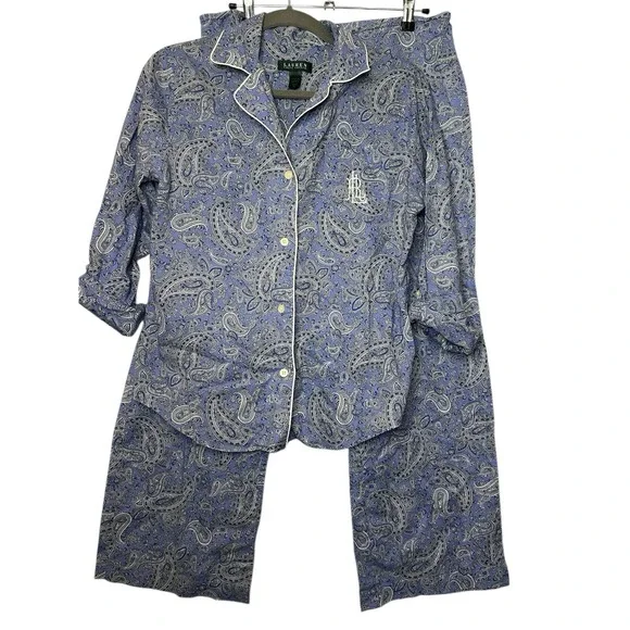 Lauren Ralph Lauren Women's Small Paisley Long Sleeve Button Blue Pajamas Set - Picture 1 of 6
